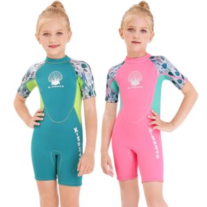 Wetsuit Kids Shorty Neoprene Thermal Diving Swimsuit 2.5MM for Girls Boys Child Teen Youth Toddler, One Piece Children Rash Guard Swimming Suit UV Protection Sunsuit for Surfing (Girl Pink, L)