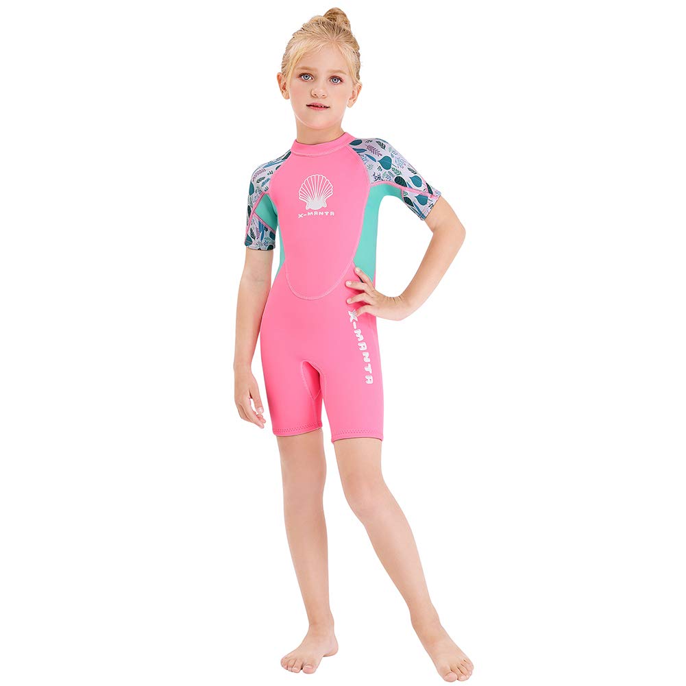 Wetsuit Kids Shorty Neoprene Thermal Diving Swimsuit 2.5MM for Girls Boys Child Teen Youth Toddler, One Piece Children Rash Guard Swimming Suit UV Protection Sunsuit for Surfing (Girl Pink, L)