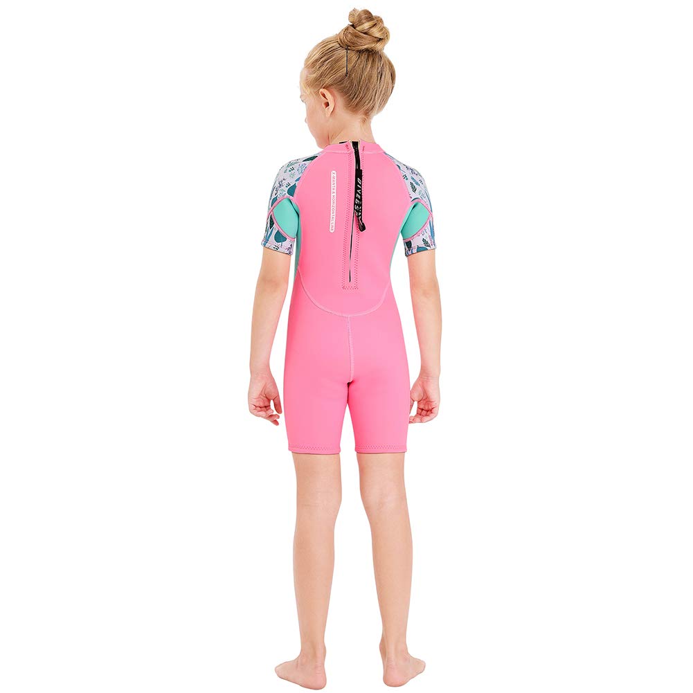 Wetsuit Kids Shorty Neoprene Thermal Diving Swimsuit 2.5MM for Girls Boys Child Teen Youth Toddler, One Piece Children Rash Guard Swimming Suit UV Protection Sunsuit for Surfing (Girl Pink, L)