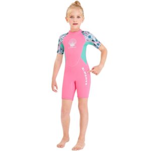 Wetsuit Kids Shorty Neoprene Thermal Diving Swimsuit 2.5MM for Girls Boys Child Teen Youth Toddler, One Piece Children Rash Guard Swimming Suit UV Protection Sunsuit for Surfing (Girl Pink, L)