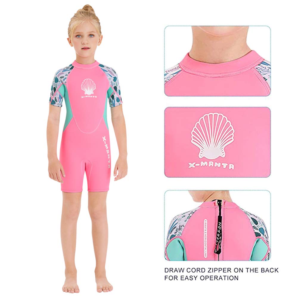 Wetsuit Kids Shorty Neoprene Thermal Diving Swimsuit 2.5MM for Girls Boys Child Teen Youth Toddler, One Piece Children Rash Guard Swimming Suit UV Protection Sunsuit for Surfing (Girl Pink, L)