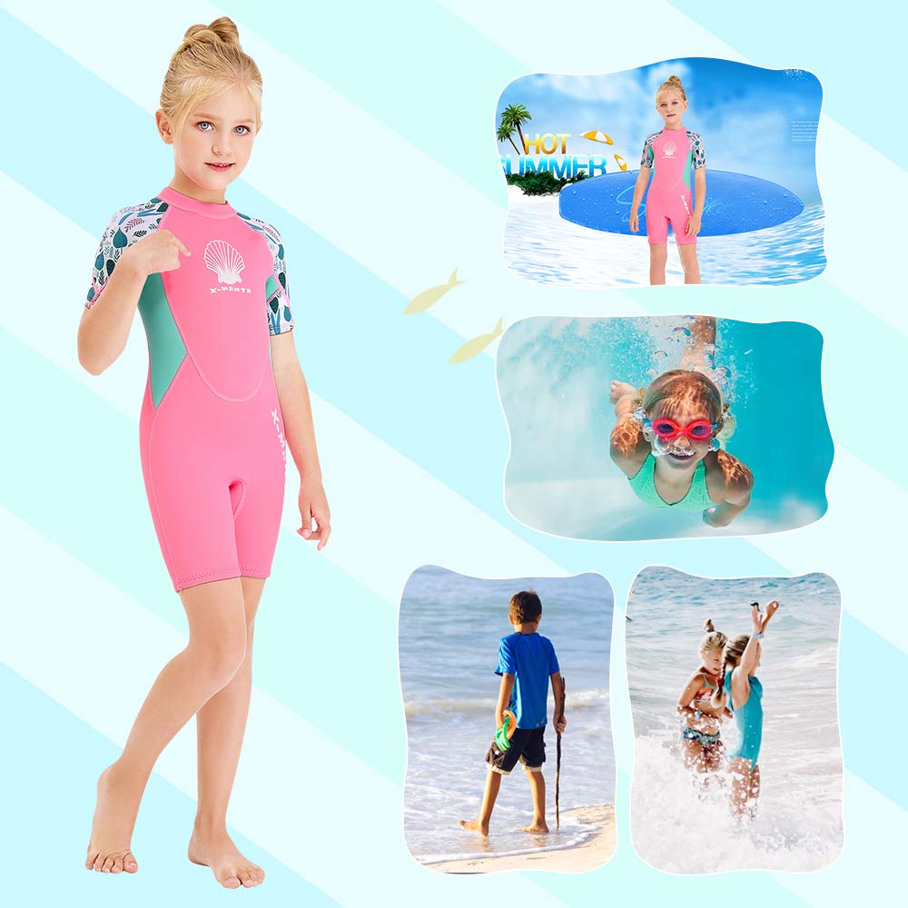 Wetsuit Kids Shorty Neoprene Thermal Diving Swimsuit 2.5MM for Girls Boys Child Teen Youth Toddler, One Piece Children Rash Guard Swimming Suit UV Protection Sunsuit for Surfing (Girl Pink, L)