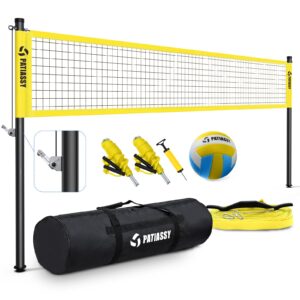 patiassy portable professional outdoor volleyball net set with adjustable height aluminum poles, winch system, volleyball with pump and carrying bag for backyard beach (yellow)