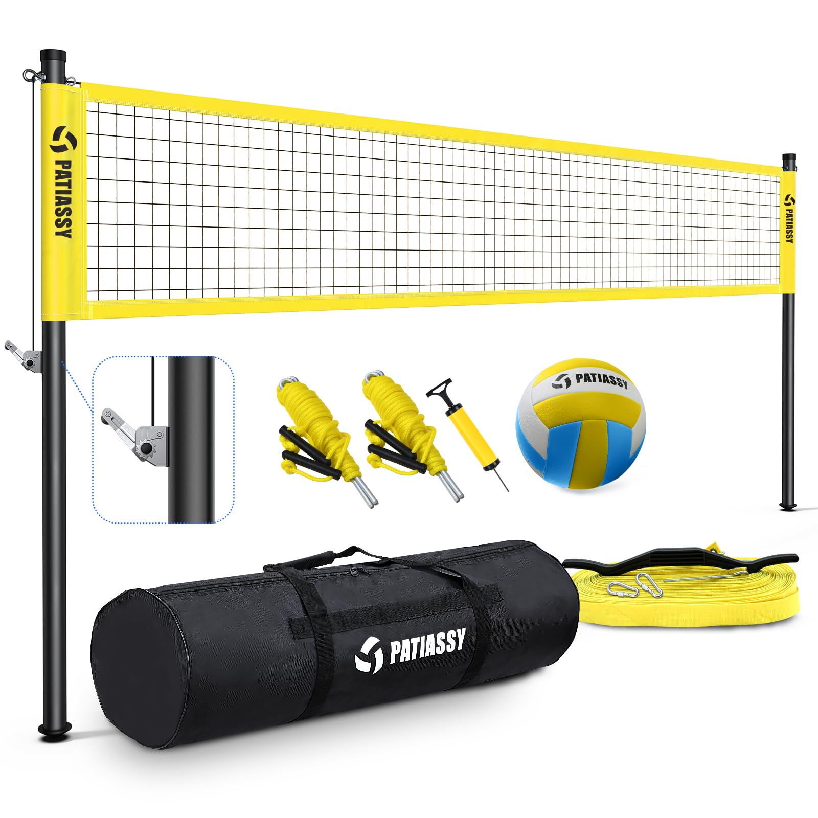 Patiassy Portable Professional Outdoor Volleyball Net Set with Adjustable Height Aluminum Poles, Winch System, Volleyball with Pump and Carrying Bag for Backyard Beach (Yellow)