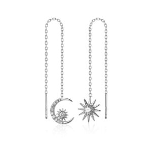 crystal crescent moon star tassel threader chain earrings s925 sterling silver asymmetrical dainty cz crystal dangling sun long chains earring jewelry for women girls (white gold)