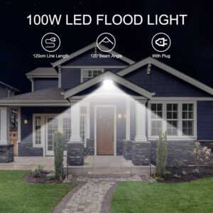 Royana 100W LED Flood Light Outdoor with Plug, IP65 Waterproof LED Work Lights, Portable Daylight White Floodlight Spotlight, 6000K 10000LM Super Bright Security Light for Yard Garden Court Lawn