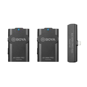 boya by-wm4 pro dual wireless lavalier microphone for iphone ipad ios devices youtube facebook live stream broadcast poadst interview with 2 transmitters & lighnting connector receiver
