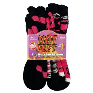 hot feet boys and girls 2 pack heavy thermal socks - traps in warmth – kids thick insulated crew for casual cold weather use (heart fair isle)