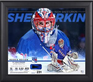 igor shesterkin new york rangers framed 15" x 17" rookie review collage with a piece of game-used puck - limited edition of 231 - nhl game used puck collages