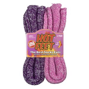 hot feet boys and girls 2 pack heavy thermal socks - traps in warmth – kids thick insulated crew for casual cold weather use (pink & purple)