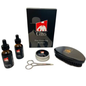 g.b.s beard care grooming kit for men - beard oil, beard balm, beard growth serum, military beard brush, mustache trimming scissors - beard styling care starter gift set for men