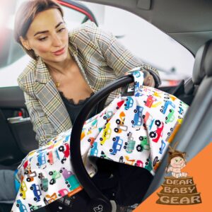 Dear Baby Gear Car Seat Canopy - Premium Infant Car Seat Cover for Maximum Protection and Style - Breathable - Car Seat Canopy - for Baby - Cars, Trucks, Heavy Equipments/Gray Smooth, 40" x 30"