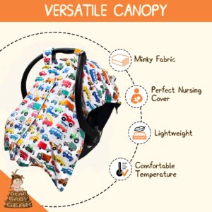 Dear Baby Gear Car Seat Canopy - Premium Infant Car Seat Cover for Maximum Protection and Style - Breathable - Car Seat Canopy - for Baby - Cars, Trucks, Heavy Equipments/Gray Smooth, 40" x 30"