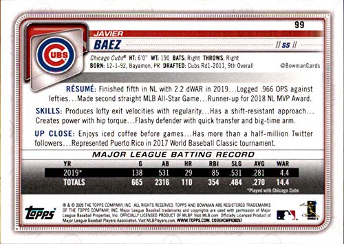 2020 Bowman #99 Javier Baez Chicago Cubs Baseball Card