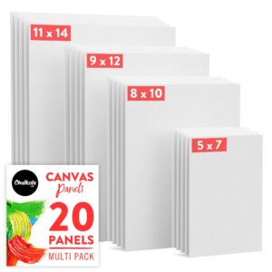 chalkola paint canvases for painting multipack - 20 pack blank canvas panels - 5x7, 8x10, 9x12, 11x14 inch (5 each) - 100% cotton, primed, acid free art canvas boards for painting with acrylic & oil
