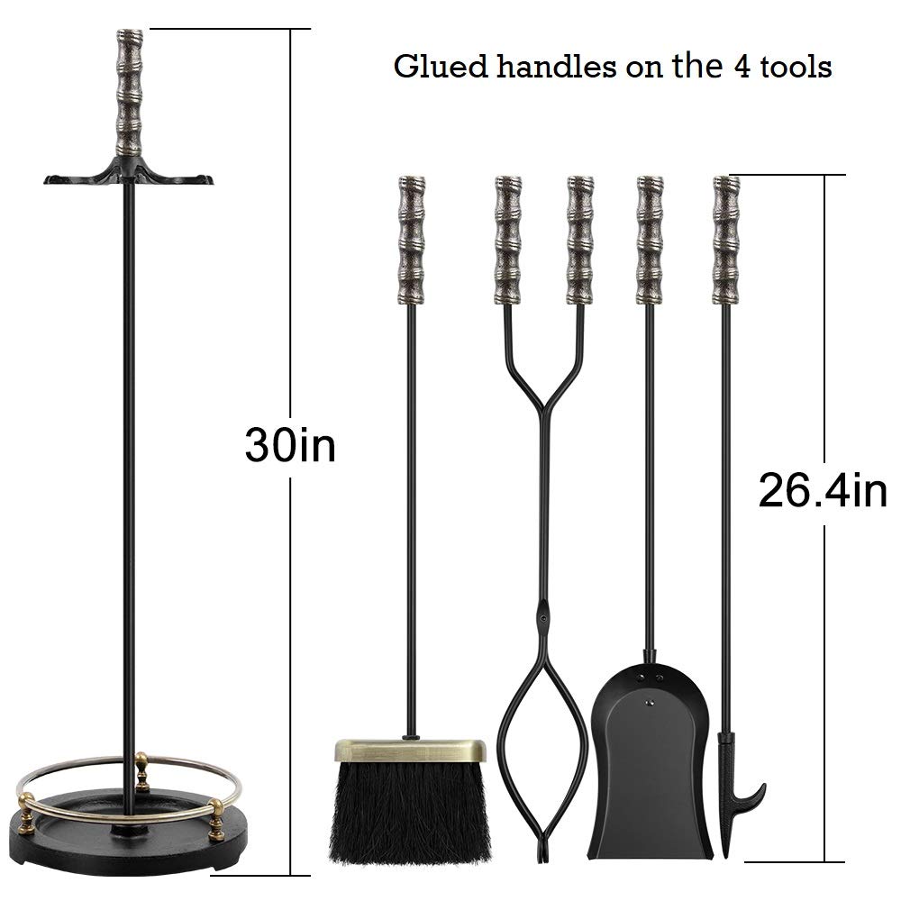 AMAGABELI GARDEN & HOME 30in Fireplace Tools Set Brass Handle 5Pieces Wrought Iron Indoor Fireset Stand Wood Log Holder Hearth Accessories Kit Antique Fire Tongs Shovel Brush Chimney Poker Tool Set