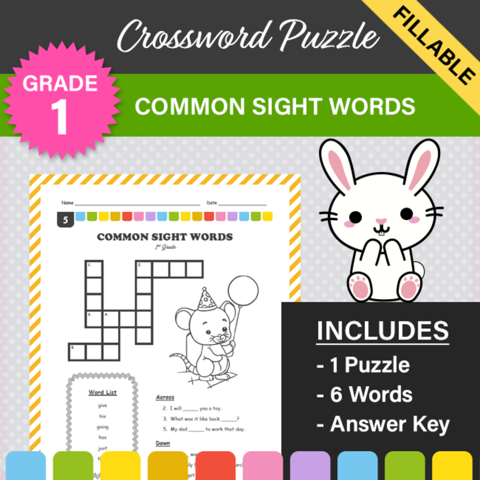 Common Sight Words Crossword Puzzle #5 (1st Grade)