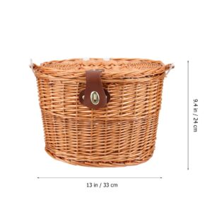 VOSAREA Front Handlebar Rattan Basket Woven Basket with Lid Front Baskets Bicycle Carrier Basket Mountain Bike Basket Woven Bike Basket Bikes for Adults Wicker Basket Bike Rack Girl Bamboo