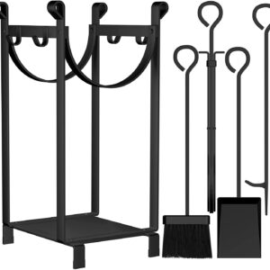 AMAGABELI GARDEN & HOME Firewood Rack Outdoor Indoor Heavy Duty Fireplace Tool Rack Firewood Holder Outdoor Wood Rack With 4 Pcs Tools Wrought Iron Wood Storage Log racks For Wood Stove Black