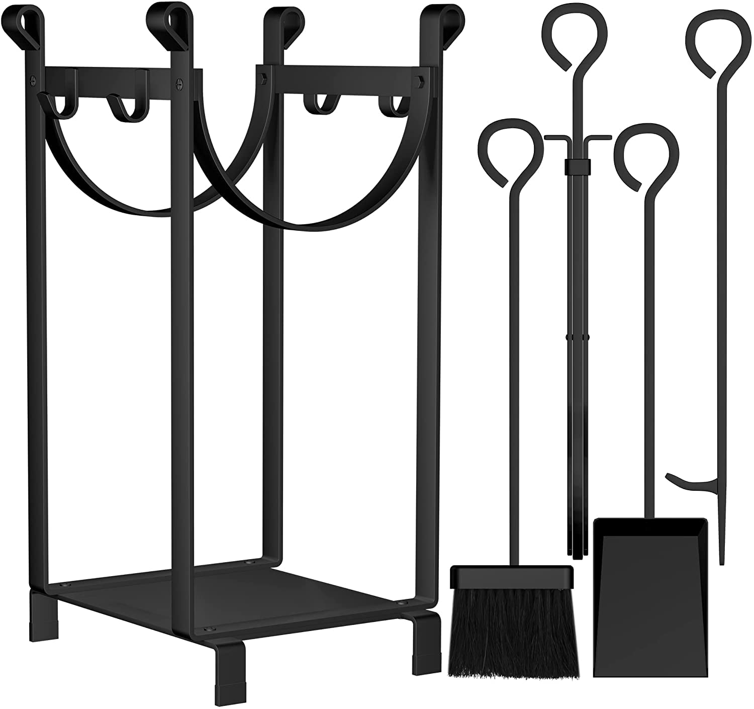 AMAGABELI GARDEN & HOME Firewood Rack Outdoor Indoor Heavy Duty Fireplace Tool Rack Firewood Holder Outdoor Wood Rack With 4 Pcs Tools Wrought Iron Wood Storage Log racks For Wood Stove Black