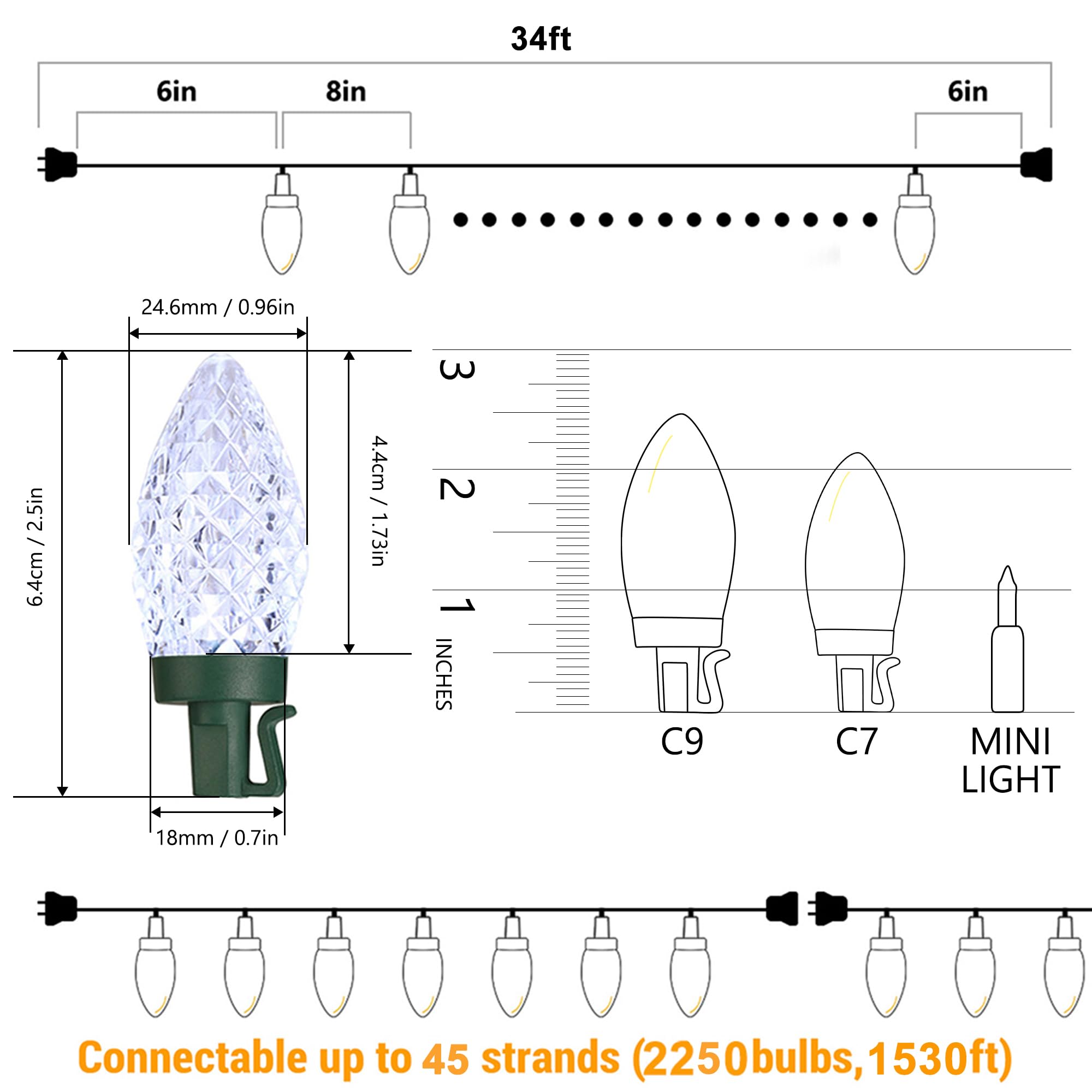 Brizled C9 Christmas Lights White, 33ft Faceted 50 LED Christmas Lights String Connectable Outdoor Xmas Decorative Light Strand, 120V UL Certified for Christmas Tree, Garden, Holiday, Yard, Party