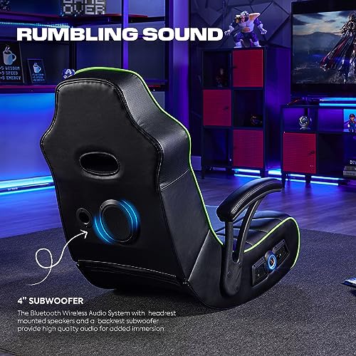 X Rocker Limewire Floor Gaming Chair - Headrest Mounted Speakers - 2.1 Bluetooth - Recliner with Padded Armrests - Black with Green