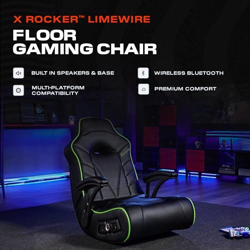 X Rocker Limewire Floor Gaming Chair - Headrest Mounted Speakers - 2.1 Bluetooth - Recliner with Padded Armrests - Black with Green