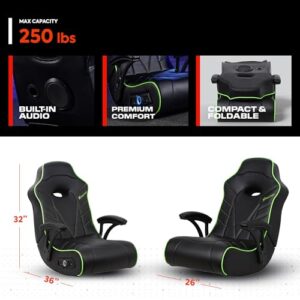 X Rocker Limewire Floor Gaming Chair - Headrest Mounted Speakers - 2.1 Bluetooth - Recliner with Padded Armrests - Black with Green