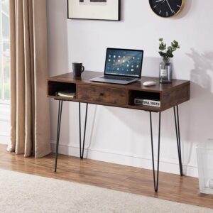 vecelo 39.3" home office work table with drawers computer desk writing/study, 39 inch hairpin legs, retro brown