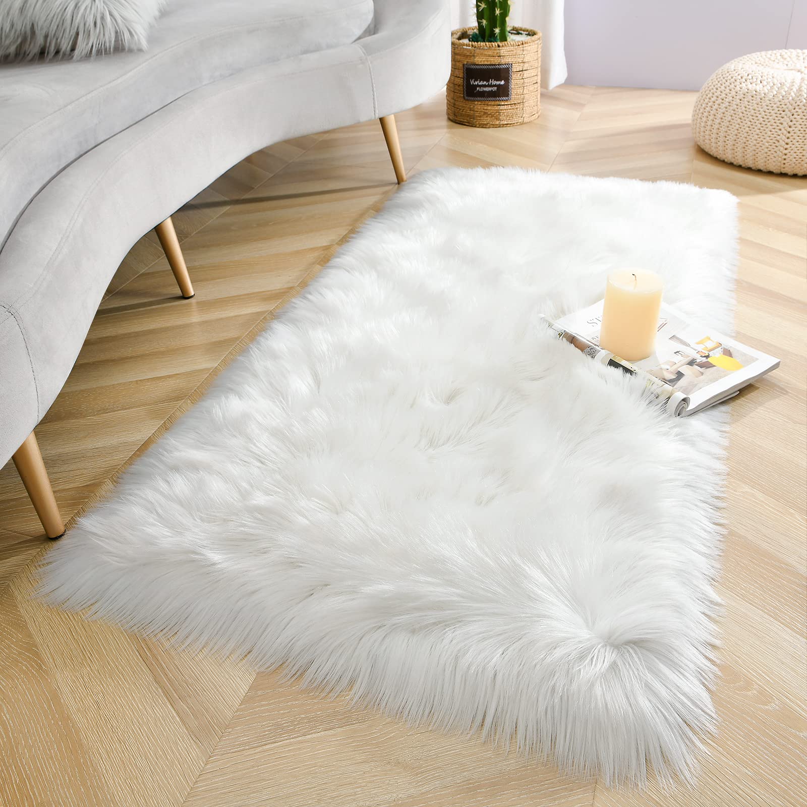 LOCHAS Soft Fluffy Faux Fur Rugs for Bedroom Bedside Rug 2x4 Feet, Washable, Furry Sheepskin Area Rug for Living Room Girls Room, Luxury Shag Carpet Home Decor, White