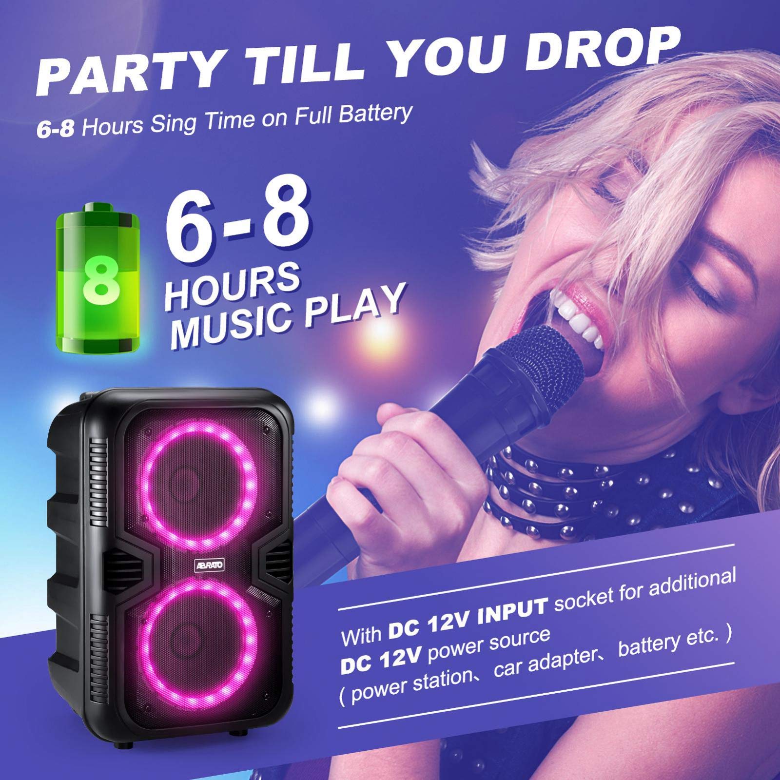 ABRATO Karaoke Machine for Adults & Kids – Bluetooth Speakers with Dual 8" Subwoofer & DJ Lights – Bonus 2 Wireless Microphones - Ideal for Home Party Camping Singing