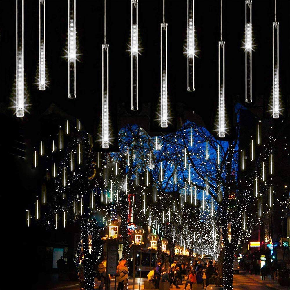 BrizLabs Christmas Meteor Shower Lights, 12 inch 10 Tubes 240 LED Cool White Falling Rain Christmas Tree Light, Outdoor Cascading Icicle Plugin Christmas Light with Timer for Xmas Tree Holiday Decor