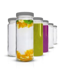 all about juicing clear glass water bottles set - 6 pack wide mouth with lids for juice, smoothies, beverage storage - 16 oz, durable, reusable, dishwasher safe, leak proof (grey caps)