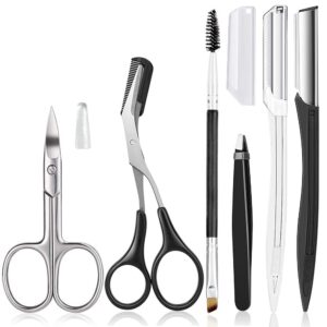 eyebrow trimmer kit, 6 in 1 eyebrow scissors, tweezer, eyebrow razor, shaping scissors & brush for women