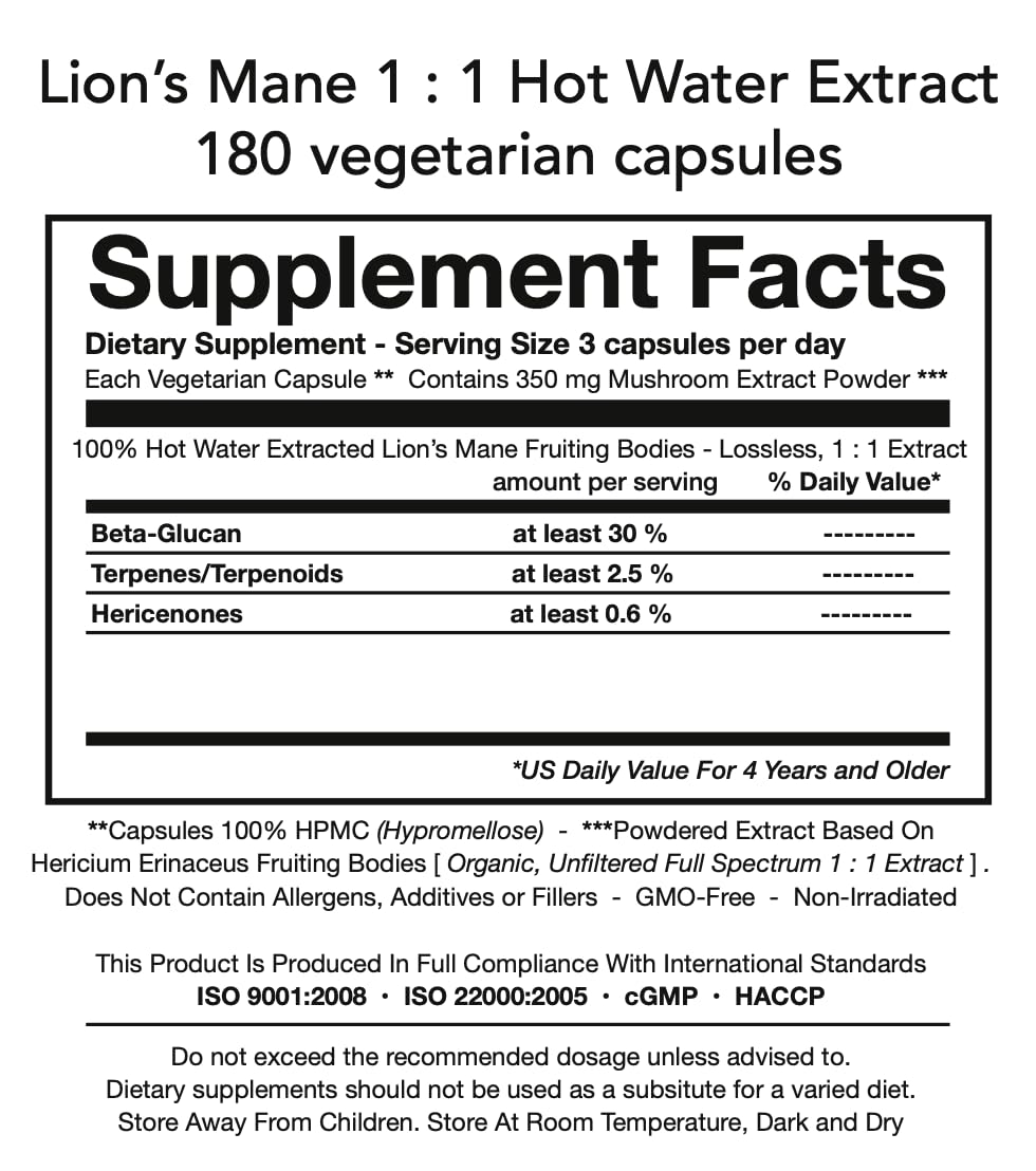 ORIVeDA Lion’s Mane Organic Mushroom Extract 2-Pack - Fruiting Body 180 v-caps, Mycelium 120 v-caps Supports The Brain and Nervous System