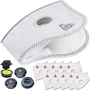dust mask filter replacements package | 10 fightech authentic carbon filters for dust mask and 4 discharge valves | air filters with safety goggles fogging up protection (14 pieces set, 14, count)