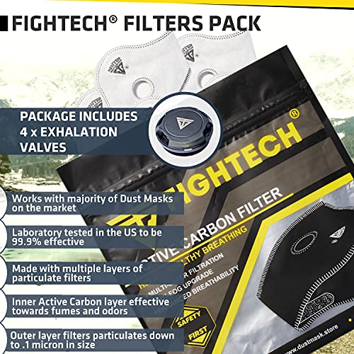 Dust Mask Filter Replacements Package | 10 FIGHTECH Authentic Carbon Filters for Dust Mask and 4 Discharge Valves | Air Filters with Safety Goggles Fogging Up Protection (14 Pieces Set, 14, Count)