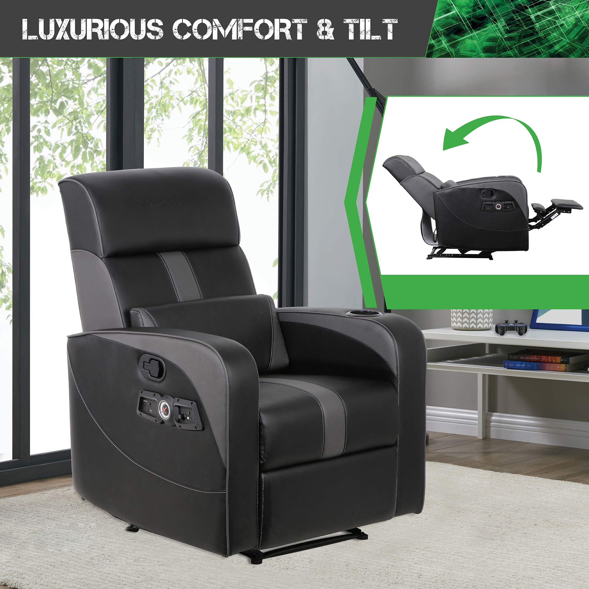 X Rocker Gamma Recliner Gaming Chair, 2.1 Bluetooth Audio System, Headrest Mounted Speakers, Built-in Footrest and Cupholder, 718001, 34.84" x 39.37" x 30.31", Black