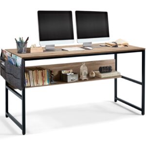 linsy home computer desk with shelves, 55 inch work table for home office, laptop table with storage bag for 2 monitor, rustic oak finished