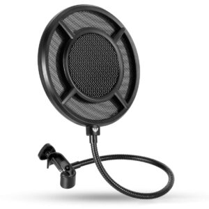 mic pop filter, professional metallic mic pop filter mesh for blue yeti and any other mic, arisen dual layered microphone pop filter, mic filter with a flexible 360° gooseneck clip stabilizing arm
