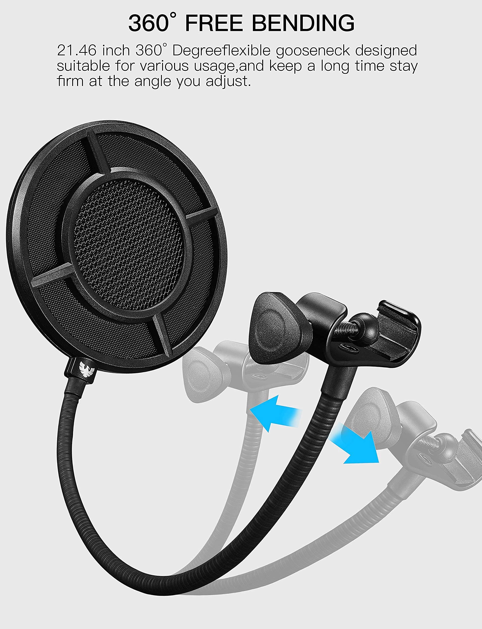 Mic Pop Filter, Professional Metallic Mic Pop Filter Mesh for Blue Yeti and Any Other Mic, ARISEN Dual Layered Microphone Pop Filter, Mic Filter with A Flexible 360° Gooseneck Clip Stabilizing Arm