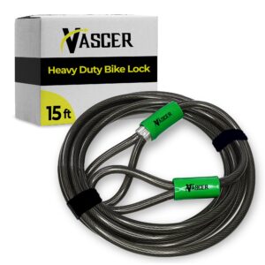 vascer bike cable lock - 15 feet (3/8") security cable w/loops -heavy-duty antitheft braided steel w/vinyl coating -locking accessories for bicycle, motorbike, boat, ladder, gate, mower & equipment