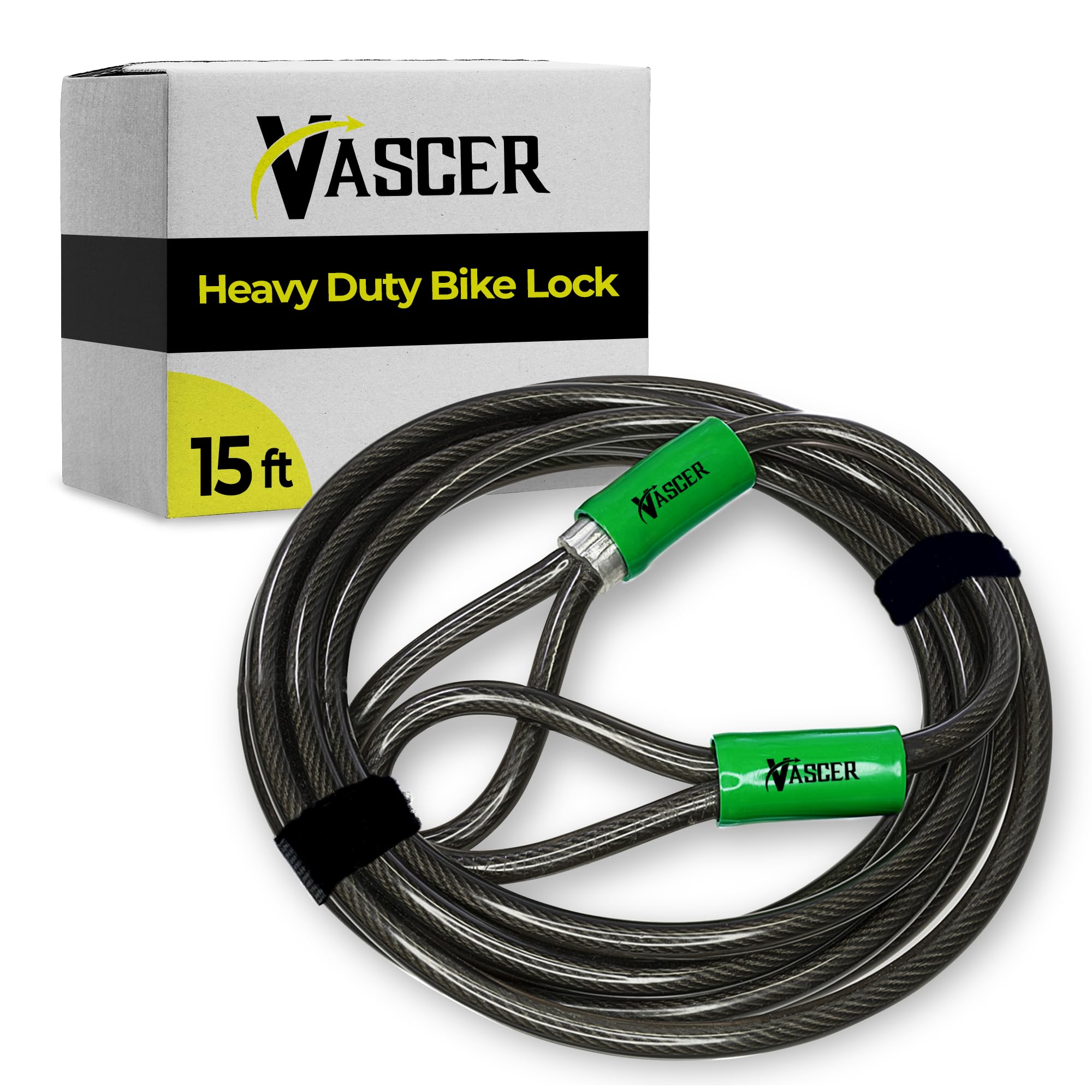 Vascer Bike Cable Lock - 15 Feet (3/8") Security Cable w/Loops -Heavy-Duty AntiTheft Braided Steel w/Vinyl Coating -Locking Accessories for Bicycle, Motorbike, Boat, Ladder, Gate, Mower & Equipment