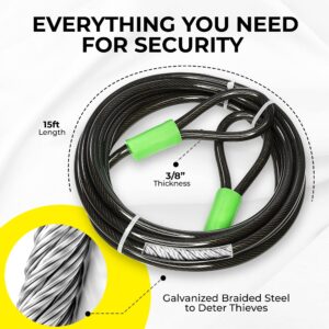 Vascer Bike Cable Lock - 15 Feet (3/8") Security Cable w/Loops -Heavy-Duty AntiTheft Braided Steel w/Vinyl Coating -Locking Accessories for Bicycle, Motorbike, Boat, Ladder, Gate, Mower & Equipment