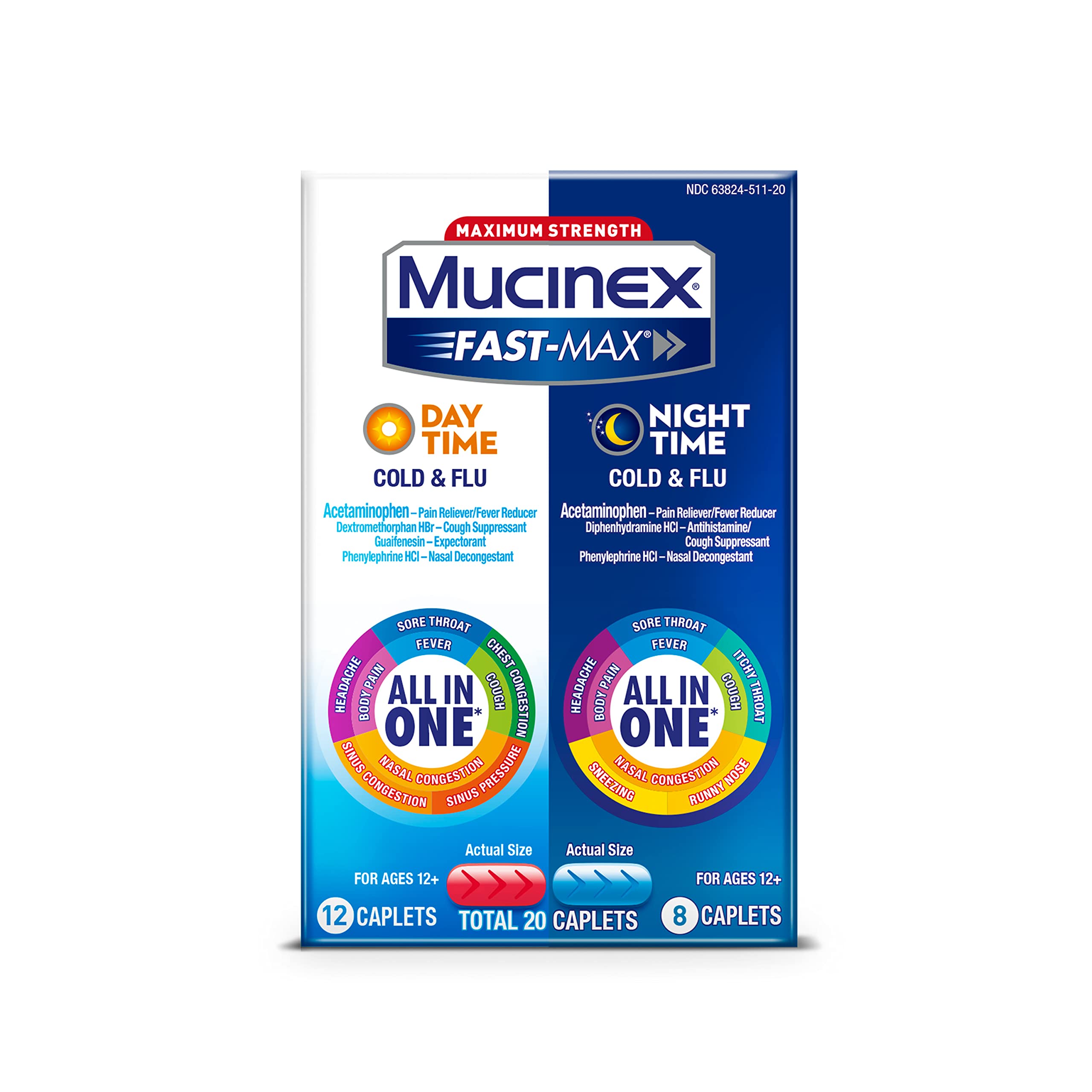 Mucinex Maximum Strength Fast-MAX Cold & Flu Day & Night All-in-One Multi Symptom Relief Caplets, Blue, 20 Count.