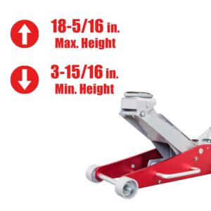 BIG RED AT830011LR Torin Hydraulic Low Profile Aluminum and Steel Racing Floor Jack with Dual Piston Quick Lift Pump, 3 Ton (6,000 lb) Capacity, Red