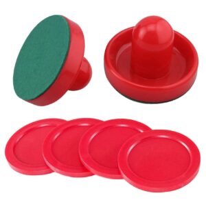 giyomi light weight air hockey red replacement pucks & slider pusher goalies for game tables, accessories,equipment (2 striker, 4 puck pack)(l)