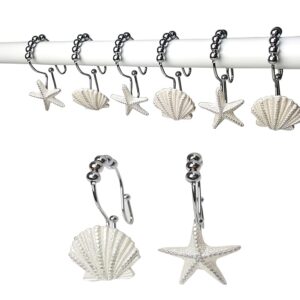 starfish & seashell stainless steel rust resistant double hooks glide shower curtain ring hangs holder for bathroom home decor