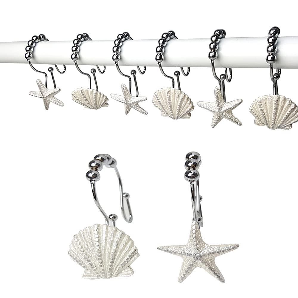 Starfish & Seashell Stainless Steel Rust Resistant Double Hooks Glide Shower Curtain Ring Hangs Holder for Bathroom Home Decor