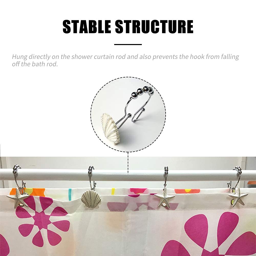 Starfish & Seashell Stainless Steel Rust Resistant Double Hooks Glide Shower Curtain Ring Hangs Holder for Bathroom Home Decor